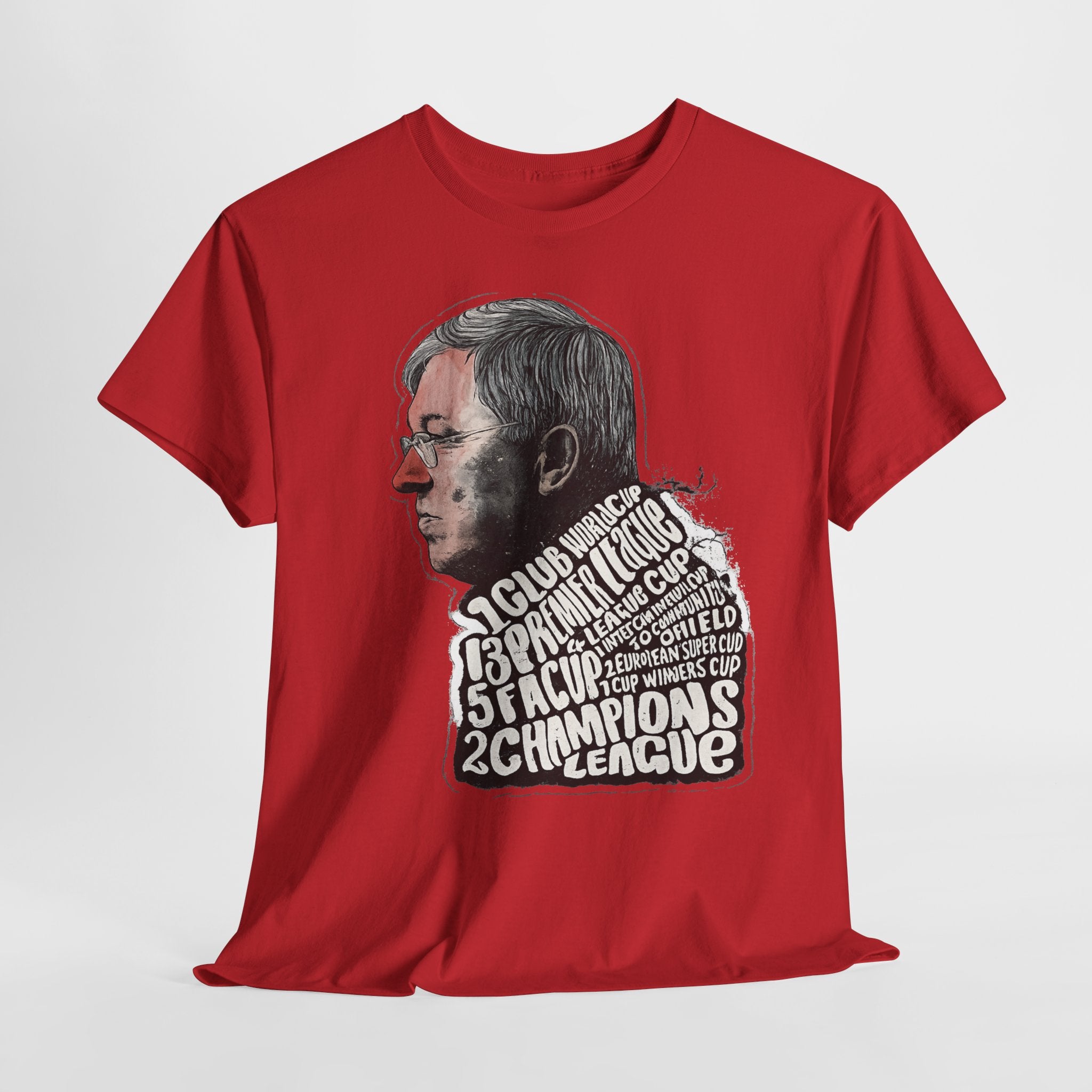 SIr Alex Ferguson Achievements Vintage Football Manager Profile Tee — Illustrated Head with Trophy Text Design