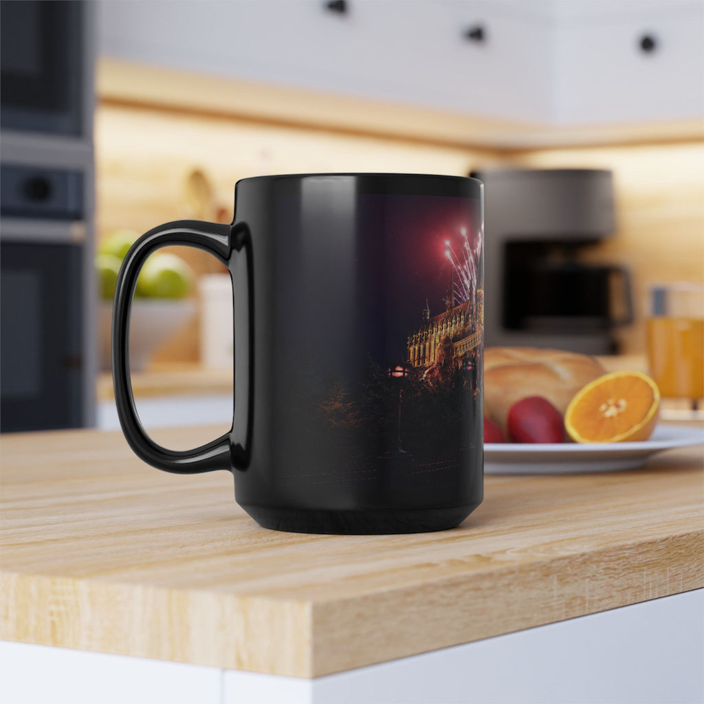 Hogwarts Castle Fireworks Night Black Mug — Castle Nightscape Coffee Cup (11oz/15oz)