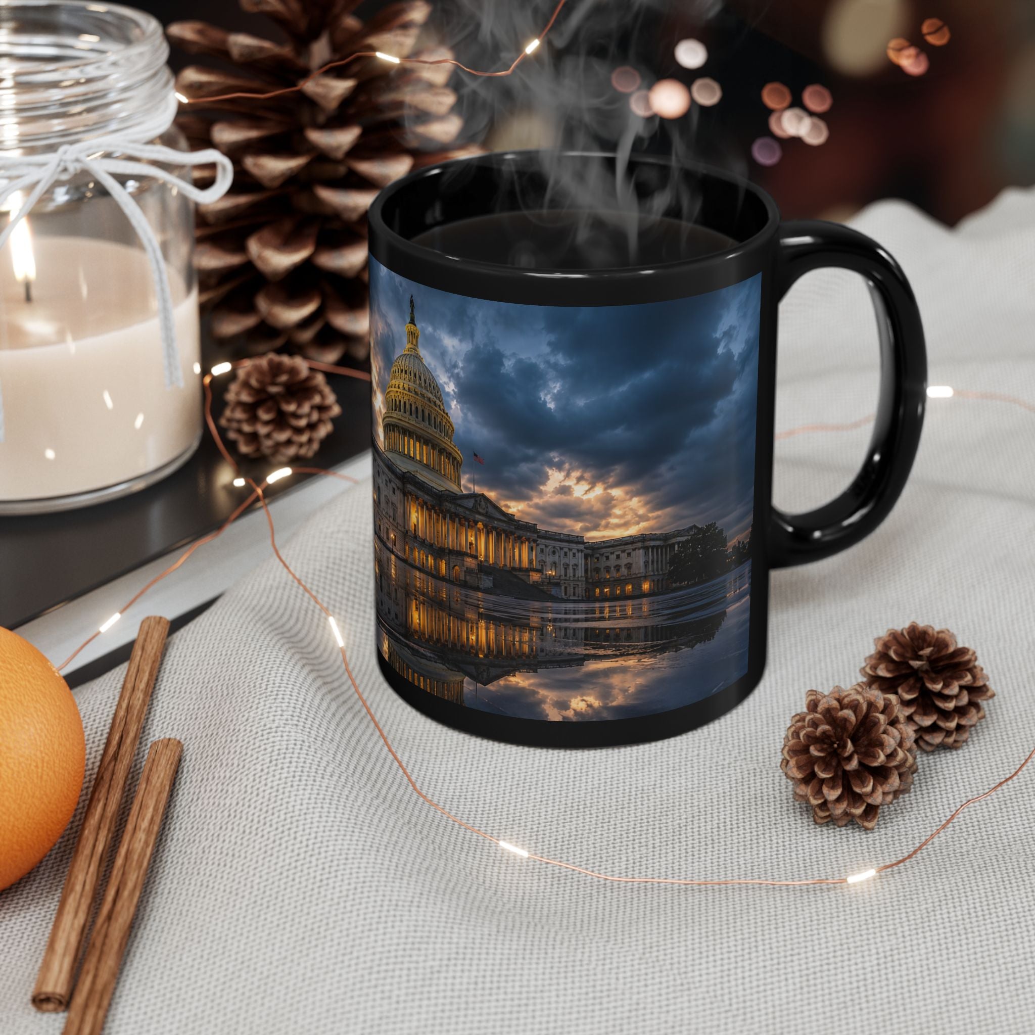US Capitol Reflection Black Mug — Washington D.C. Skyline Coffee Cup (11oz, 15oz)
