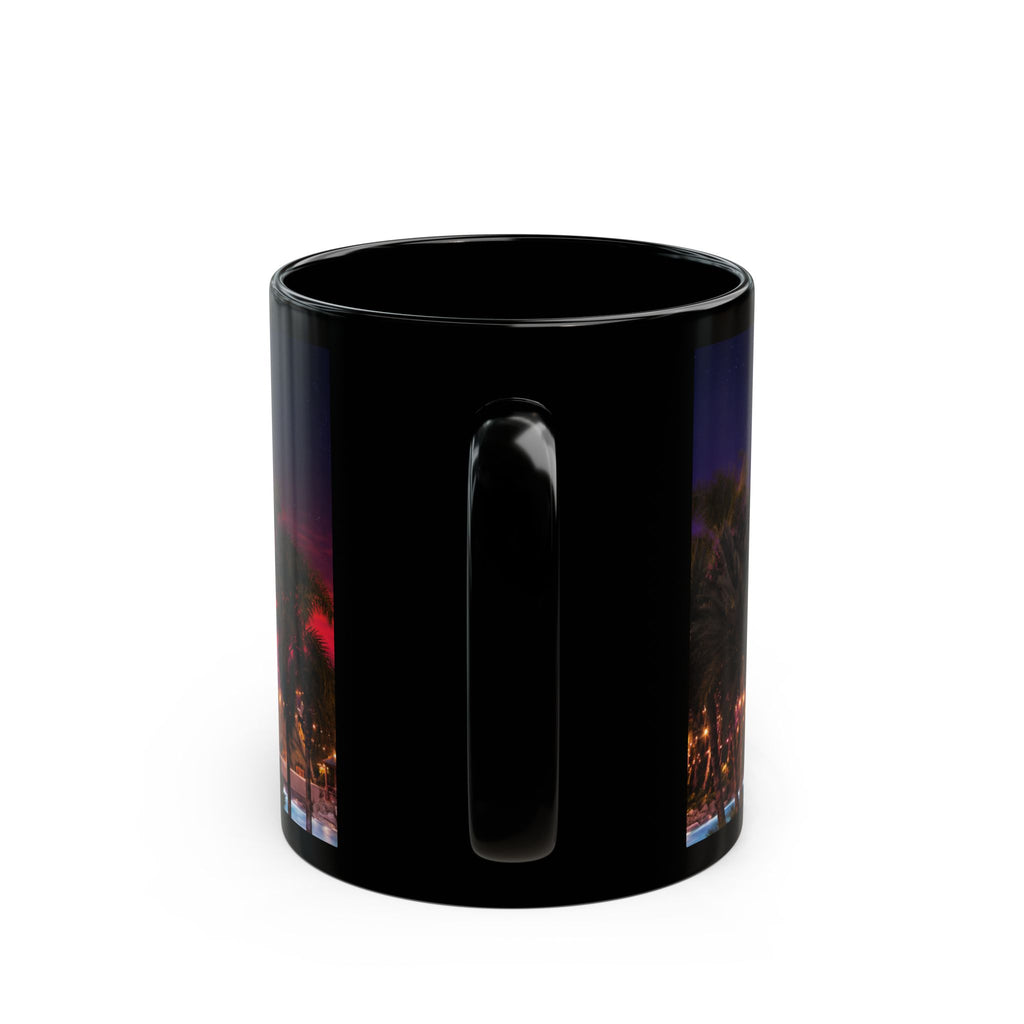 Volcano Bay at Night Black Mug — Illuminated Waterfall & Palm Tree Coffee Cup (11oz/15oz)