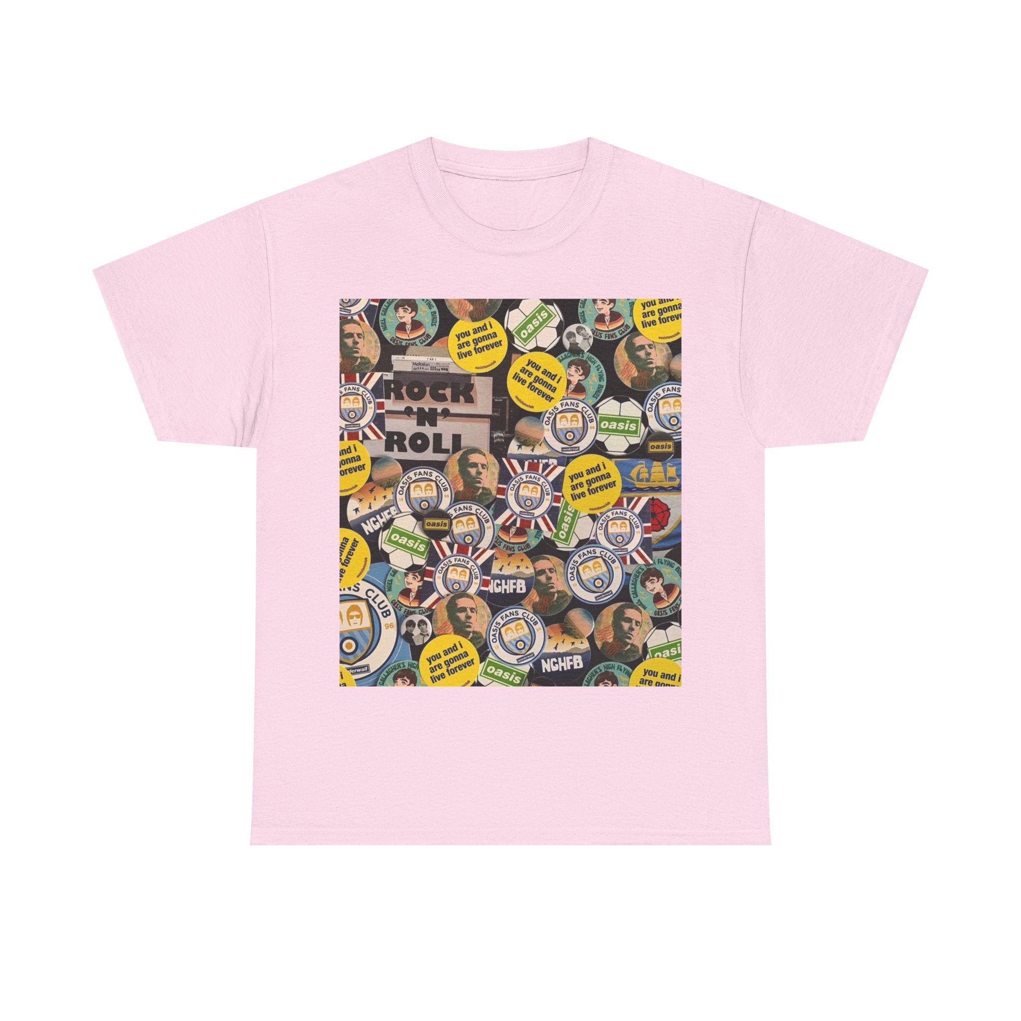 Oasis Rock & Roll Retro Button Collage Tee
