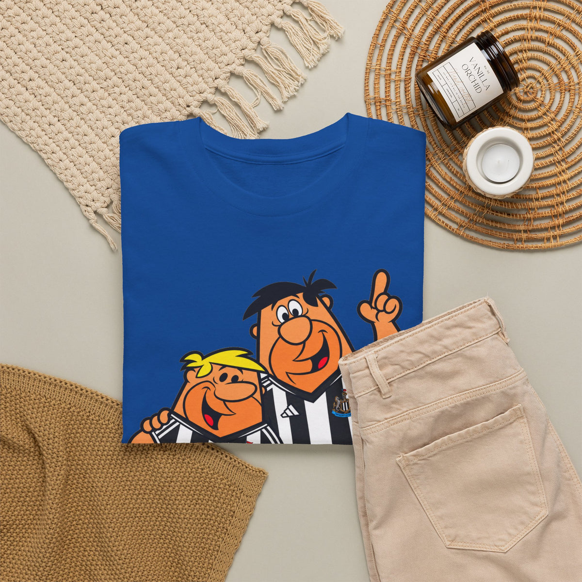 Newcastle United Flintstones Cartoon Cotton T-Shirt / Tee — Retro Striped Jersey Illustrations