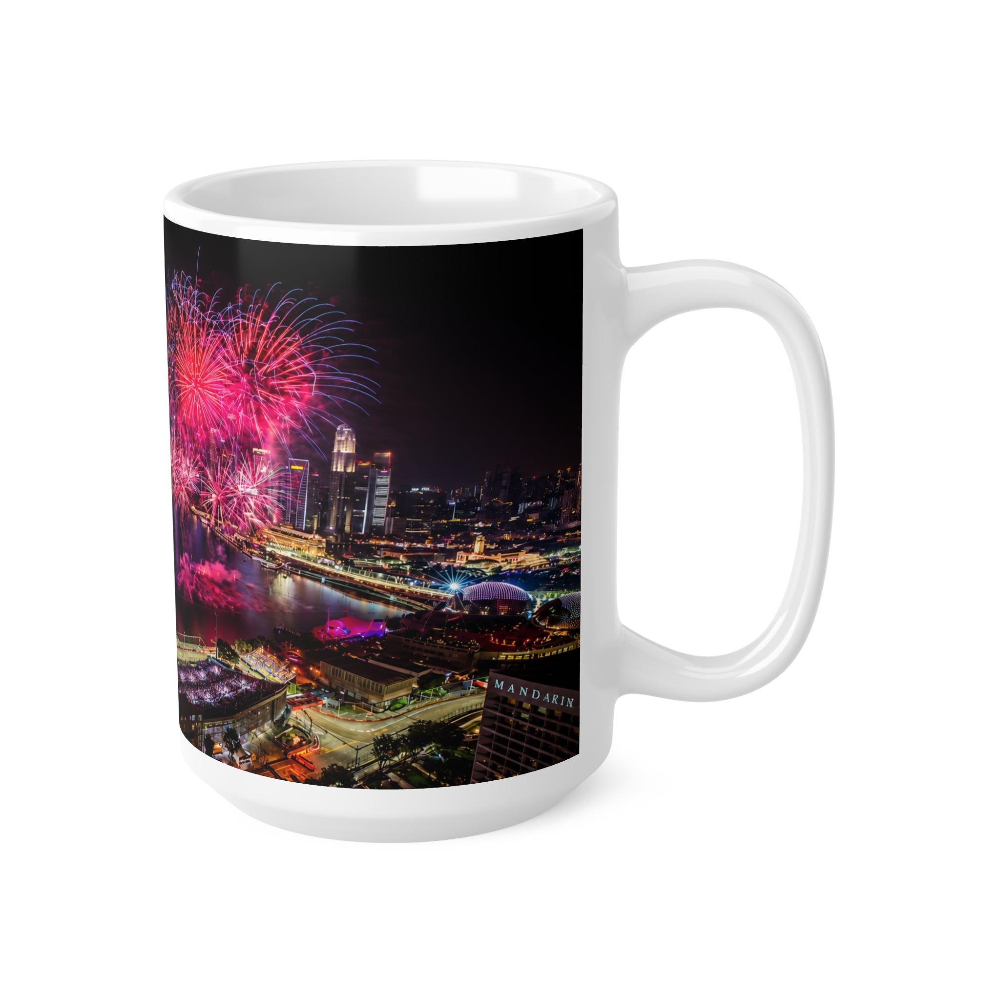Singapore Night Skyline Coffee Mug — Marina Bay Fireworks 11oz/15oz