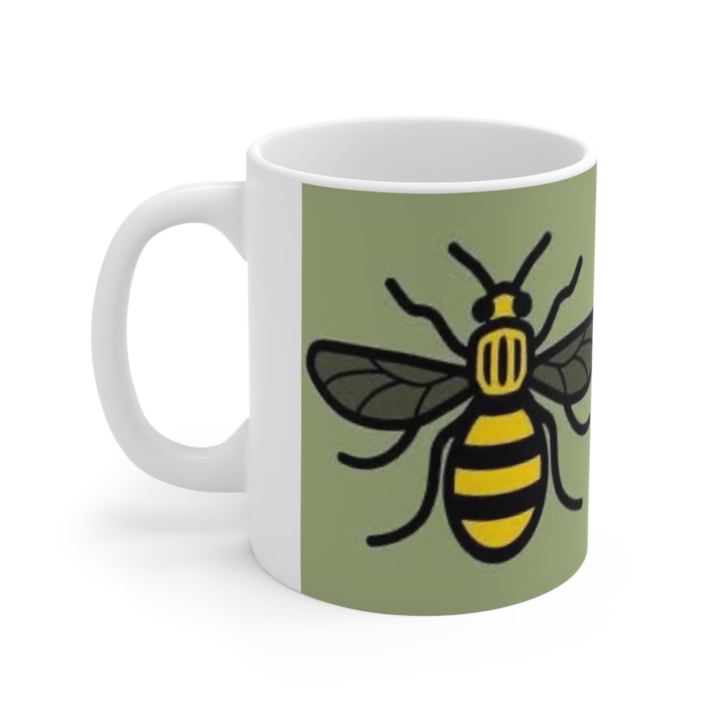 Manchester Bee Pattern Ceramic Mug — Green Bee Coffee Cup (11oz & 15oz)