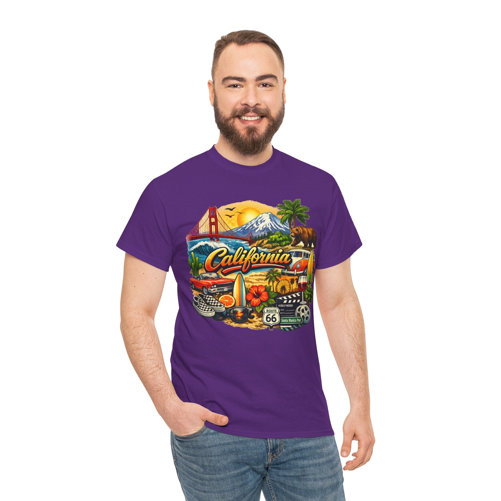California Vintage Travel T-Shirt — Golden Gate, Palm Trees & Route 66 Tee