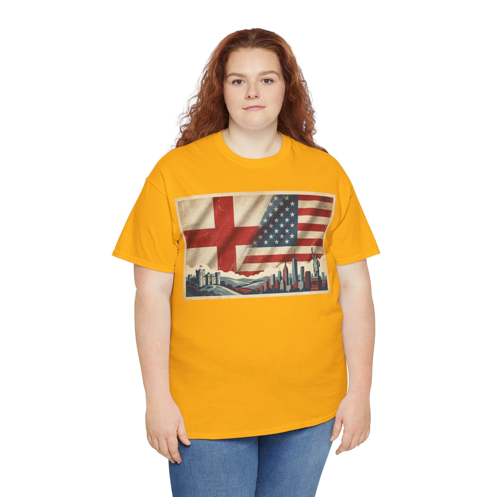 England + USA Flag Skyline T-Shirt — Vintage London & New York City Pride Tee