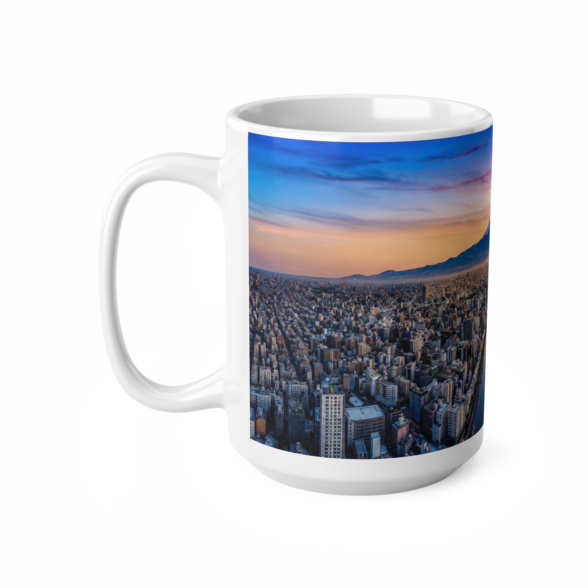 Mountain City Sunrise Ceramic Mug — Scenic Mount Fuji Panorama Coffee Cup (11oz, 15oz)