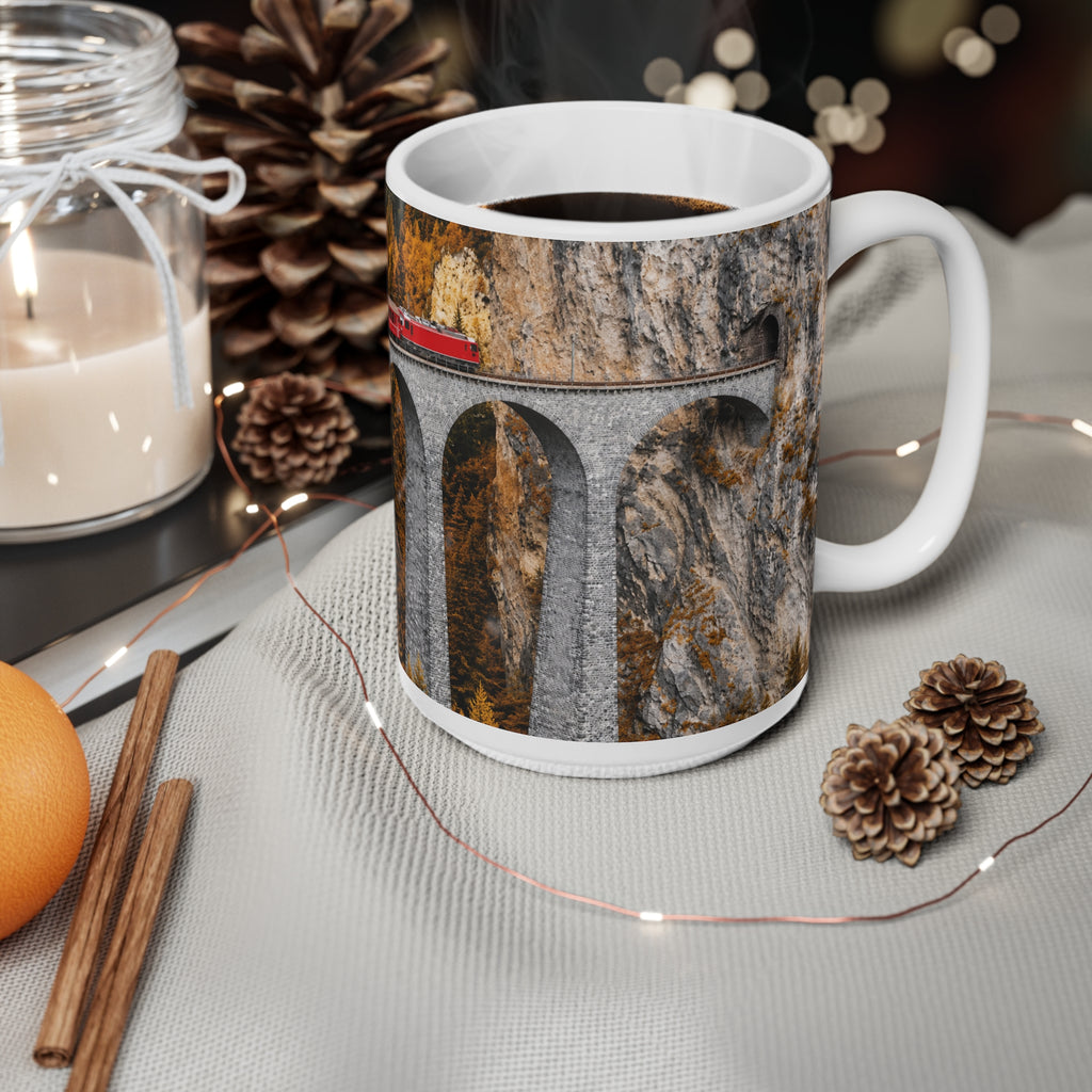 Alpine Scenic Red Train Bridge Coffee Mug – Autumn Railway 11oz & 15oz