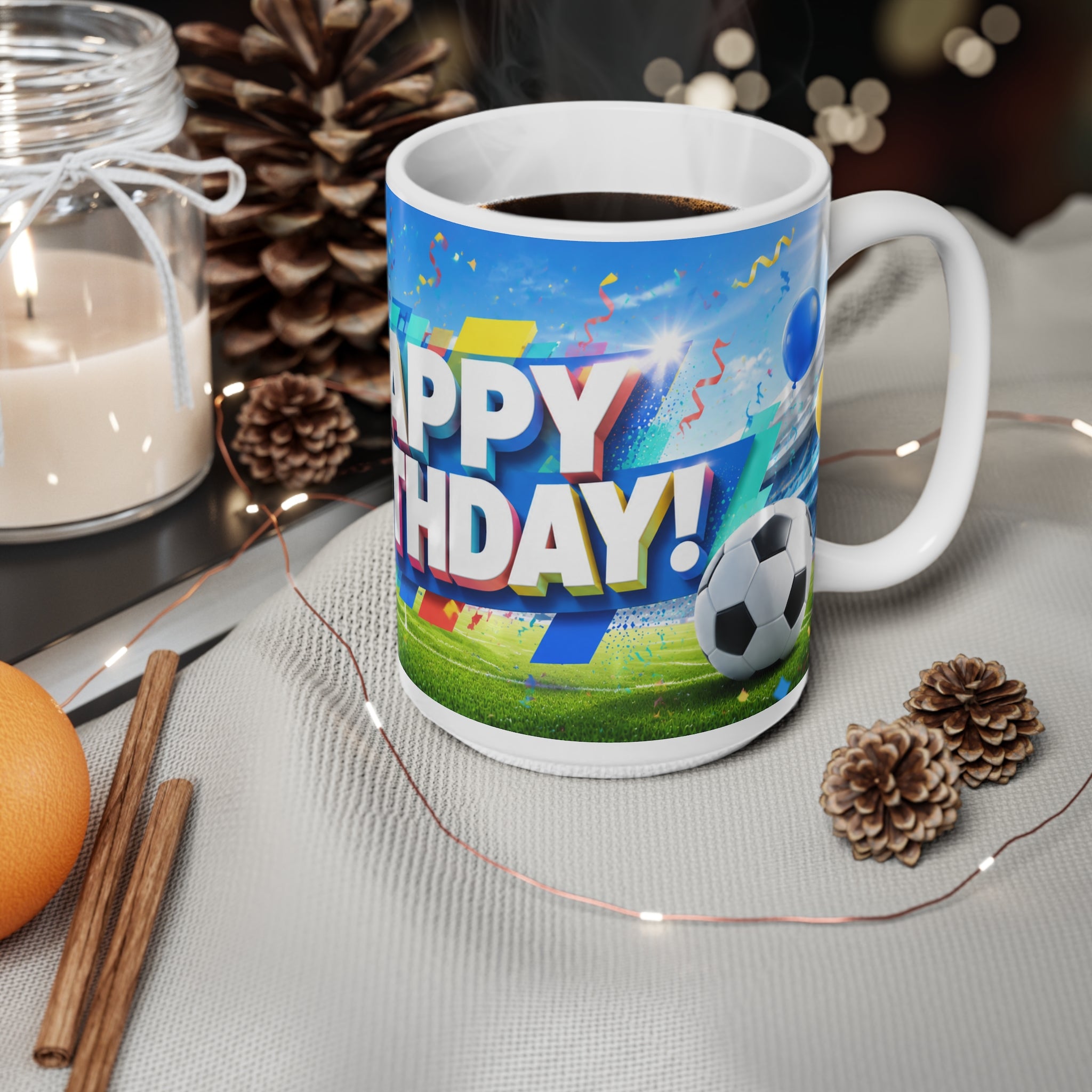 Happy Birthday Soccer Fan Mug — Cheerful Sports-Themed Ceramic Coffee Cup (11oz/15oz)