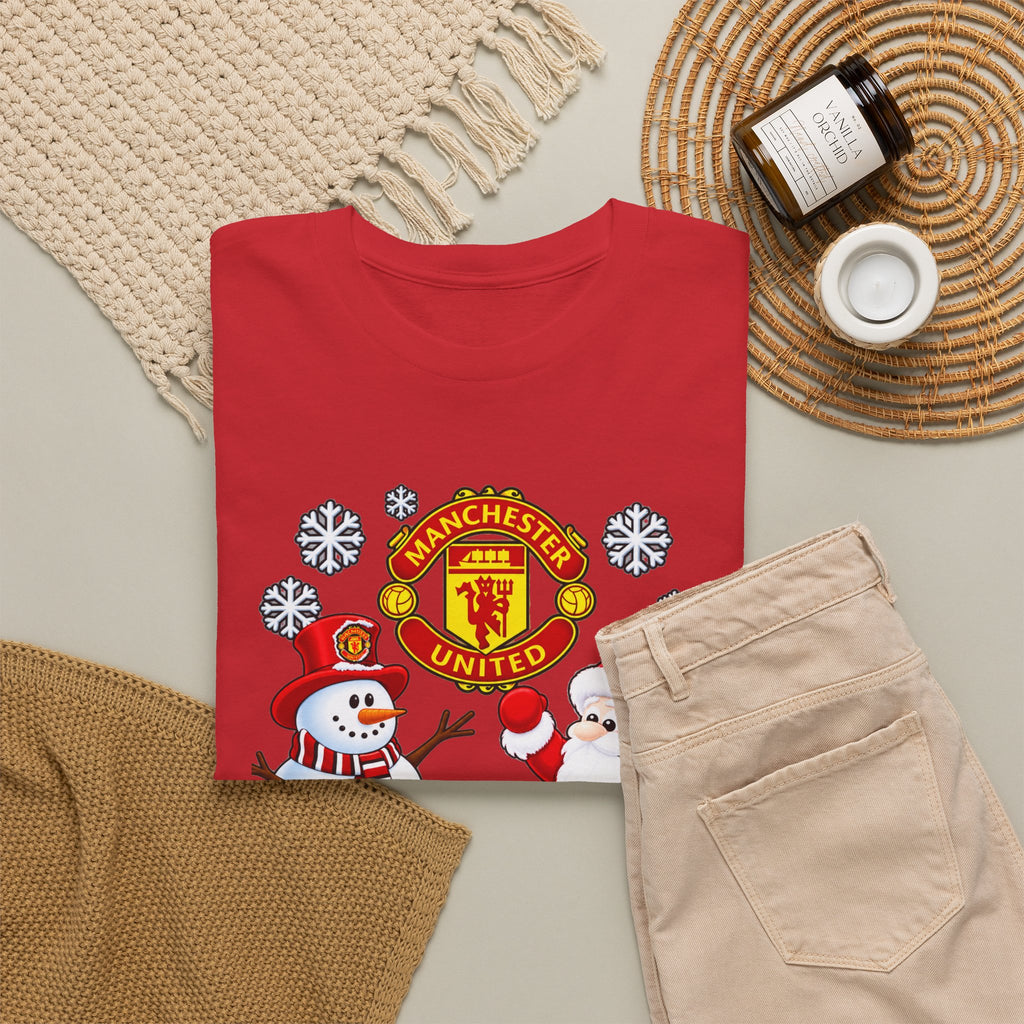 Manchester United Christmas Cotton Tee — Santa & Snowman Football Holiday Shirt