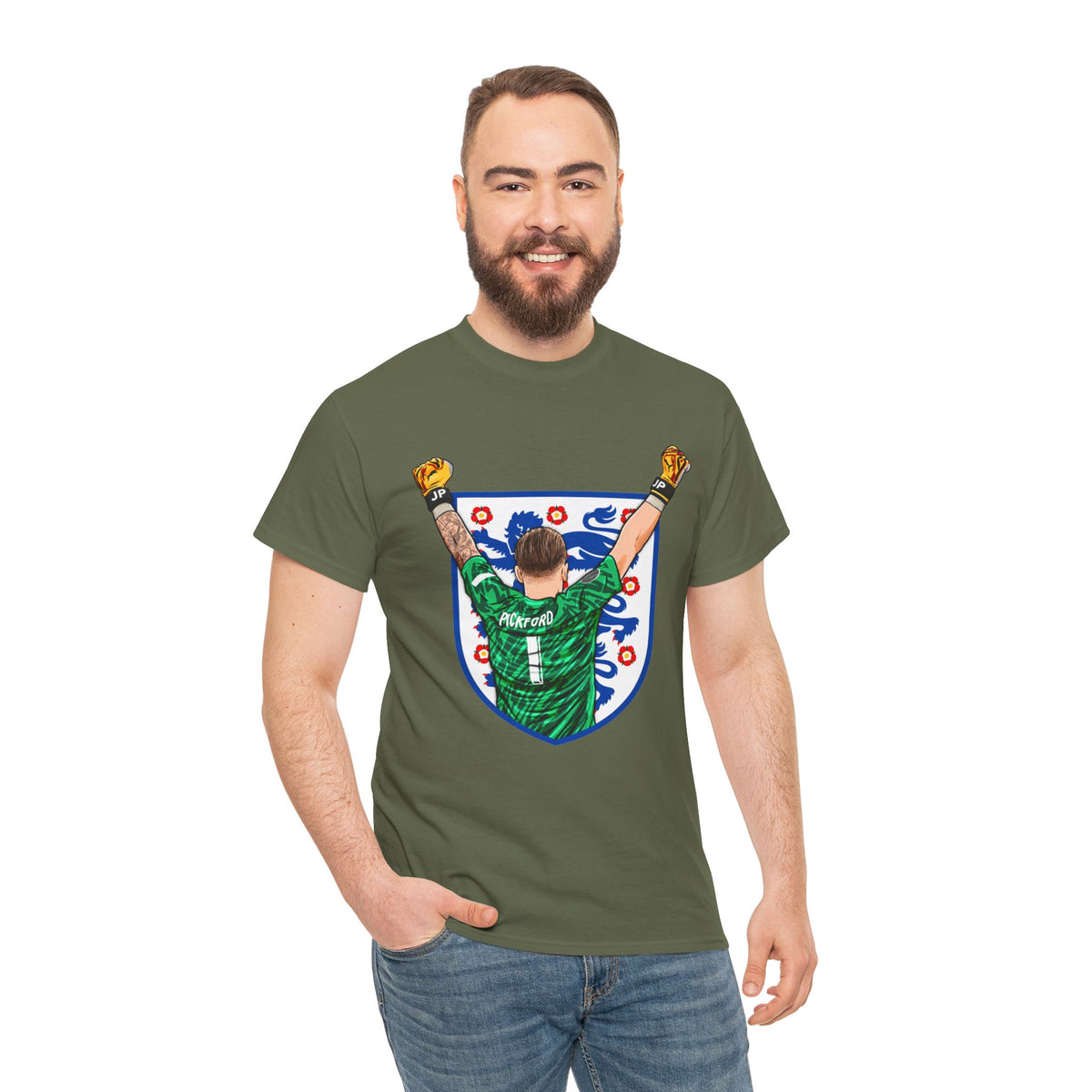 Pickford England Number 1 Goalkeeper Graphic Tee — Victory Pose Jersey Design