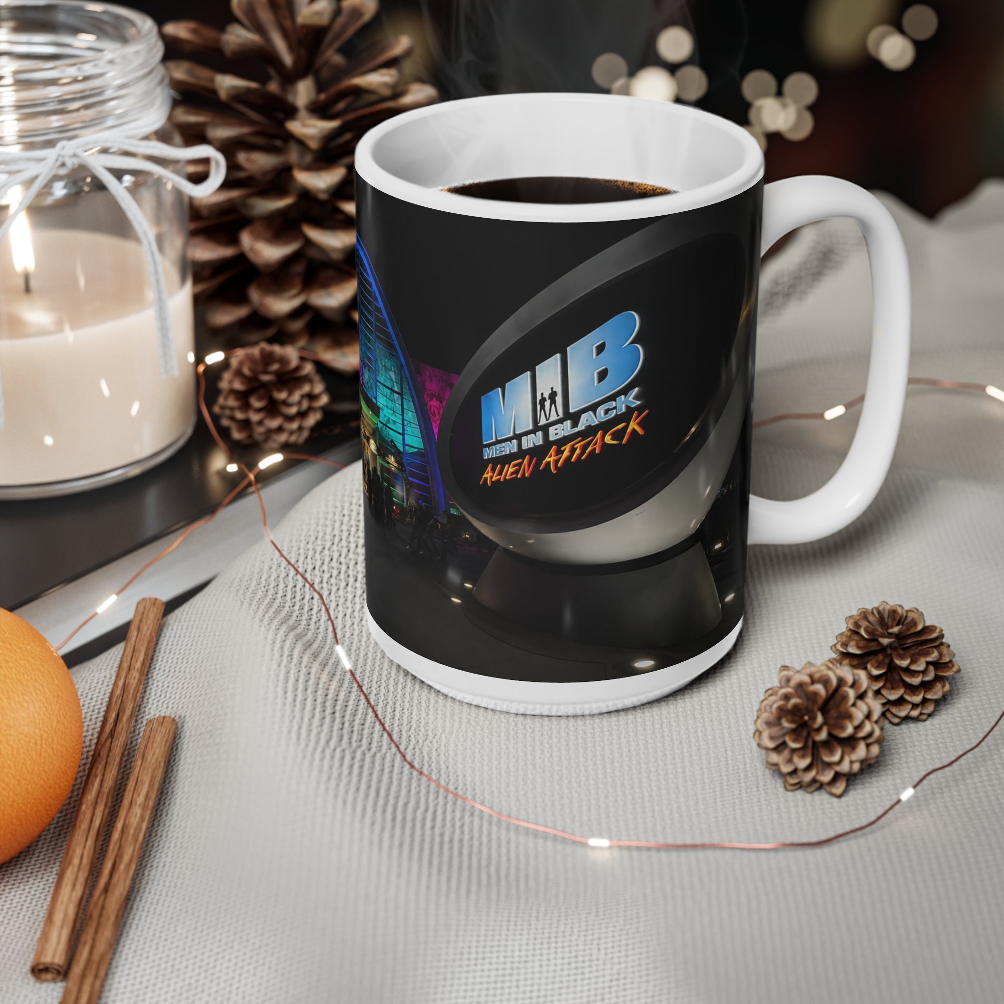 Men in Black Universal HHN Nightscape Mug — Colorful Architectural Night Photo Ceramic Coffee Cup (11oz, 15oz)
