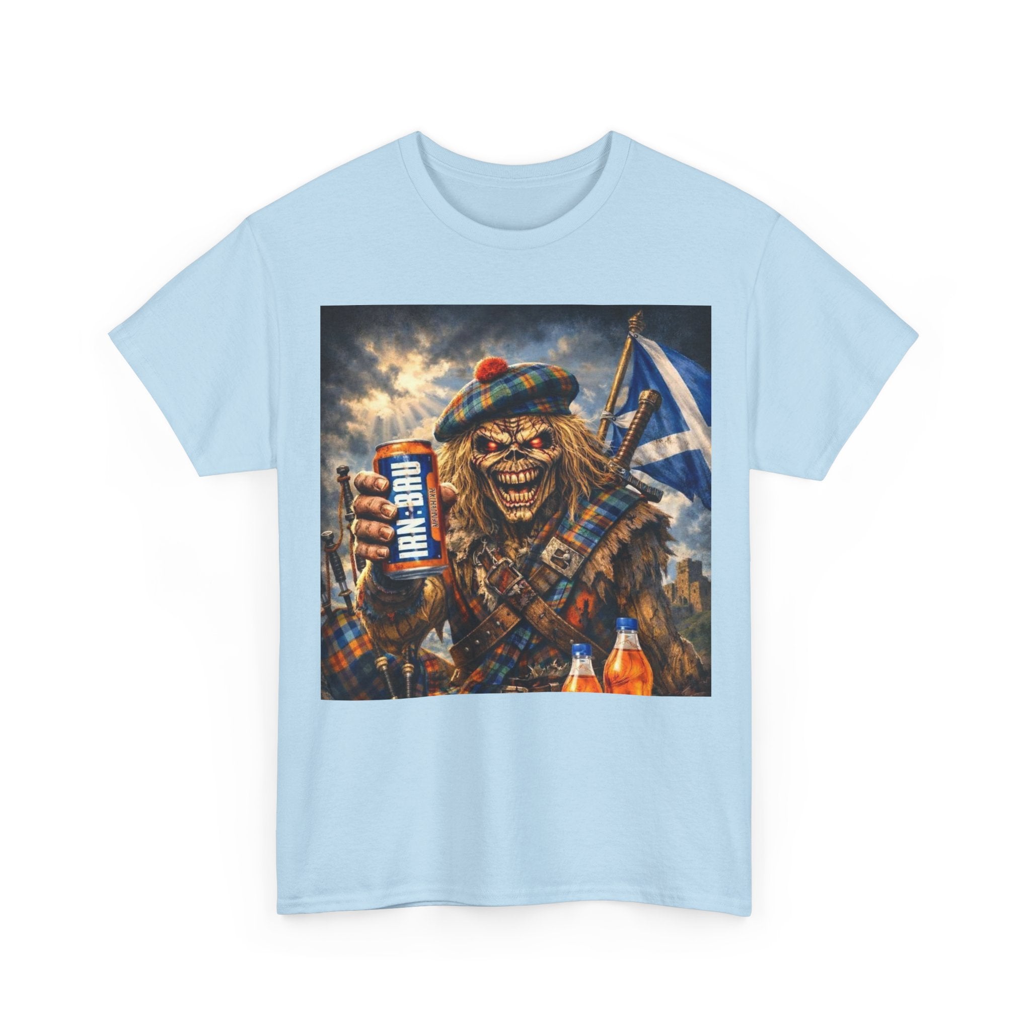 Scottish Rock Skull T‑Shirt — Eddie the Piper with Flag & Can Graphic Tee