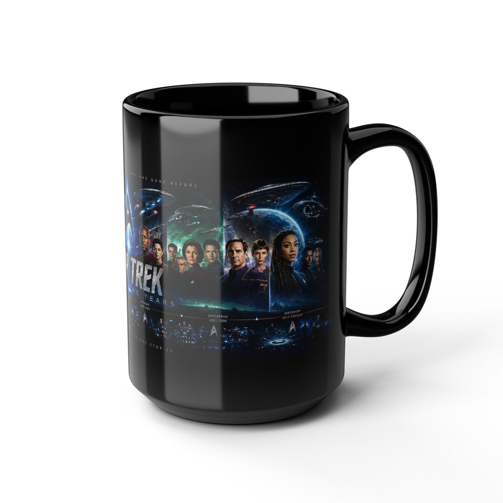 Star Trek Collage Black Mug — Sci‑Fi Crew Montage Coffee Cup (11oz/15oz)