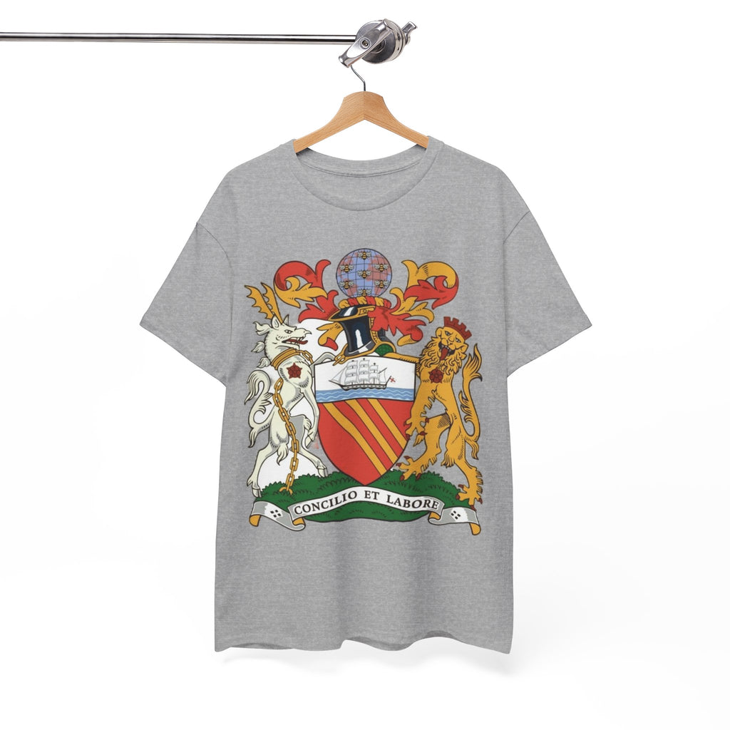 Manchester Coat of Arms Crest T‑Shirt — Heraldic Family Shield Tee with 'Concilio et Labore' Banner
