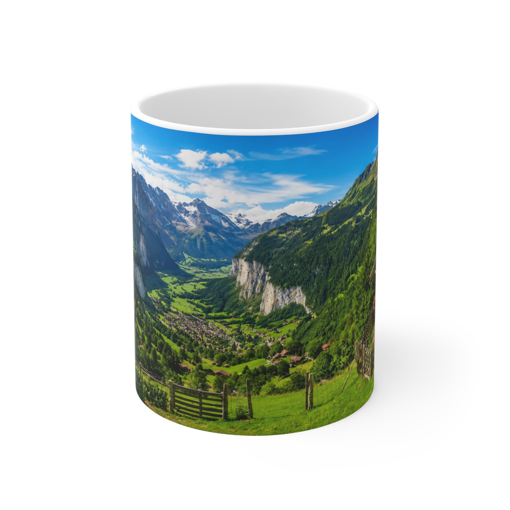 Scenic Alpine Valley Mug — Panoramic Mountain Landscape Ceramic Coffee Cup (11oz, 15oz)