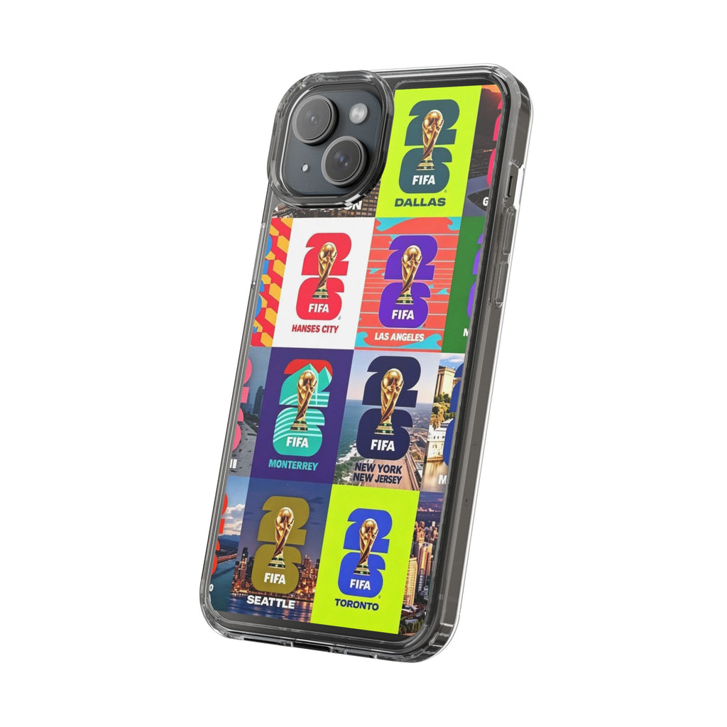 FIFA World Cup Pop Art Clear Phone Case — City Badge Collage (Dallas, LA, Monterrey, Toronto, Seattle)
