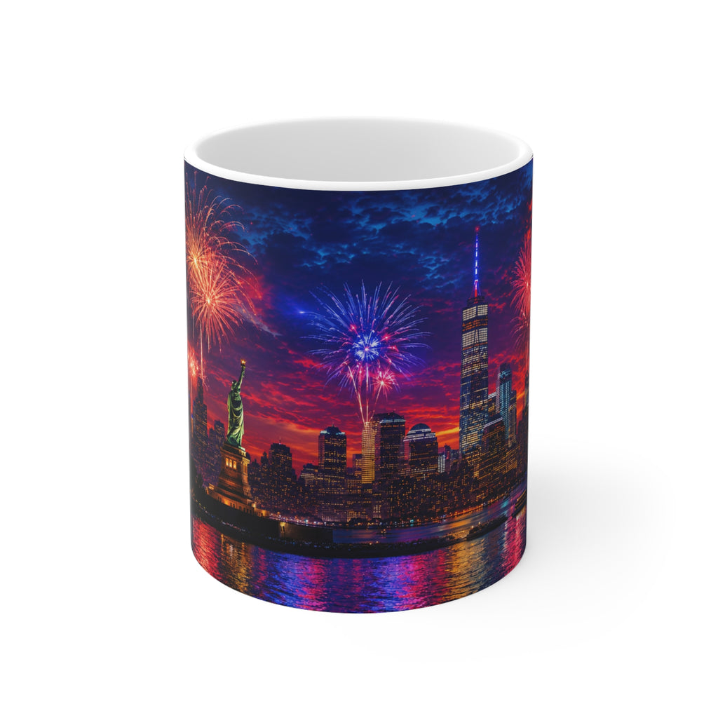 New York City Fireworks Skyline Ceramic Mug — Statue of Liberty 4th of July Coffee Cup (11oz & 15oz)