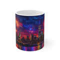 New York City Fireworks Skyline Ceramic Mug — Statue of Liberty 4th of July Coffee Cup (11oz & 15oz)