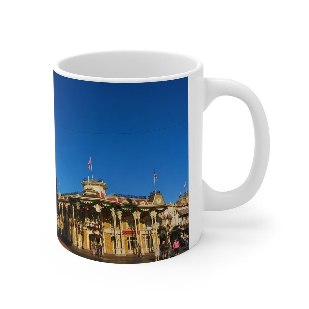 Magic Kingdom Town Square Christmas Mug — Festive Tree & Main Street Ceramic Coffee Cup (11oz, 15oz)