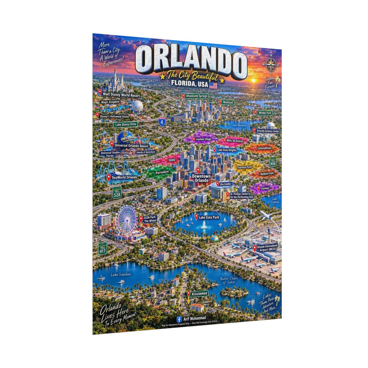Orlando Map Poster – Colorful Aerial City Map of Orlando, Florida (Rolled Poster)