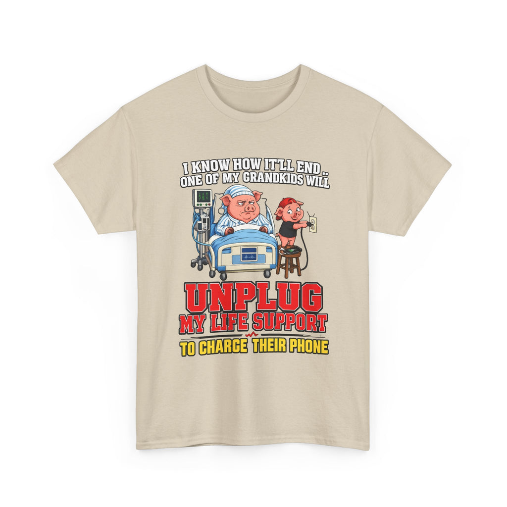 Funny Grandpa T-Shirt - "Unplug My Life Support to Charge Their Phone" Grandpa Humor Tee