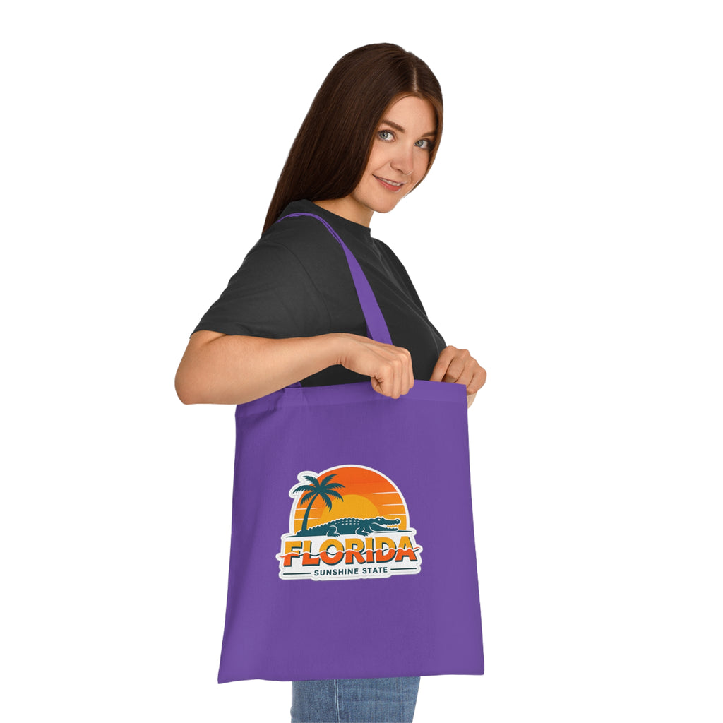 Florida Sunshine State Palm Tree Tote Bag — Retro Beach Sunset Cotton Tote
