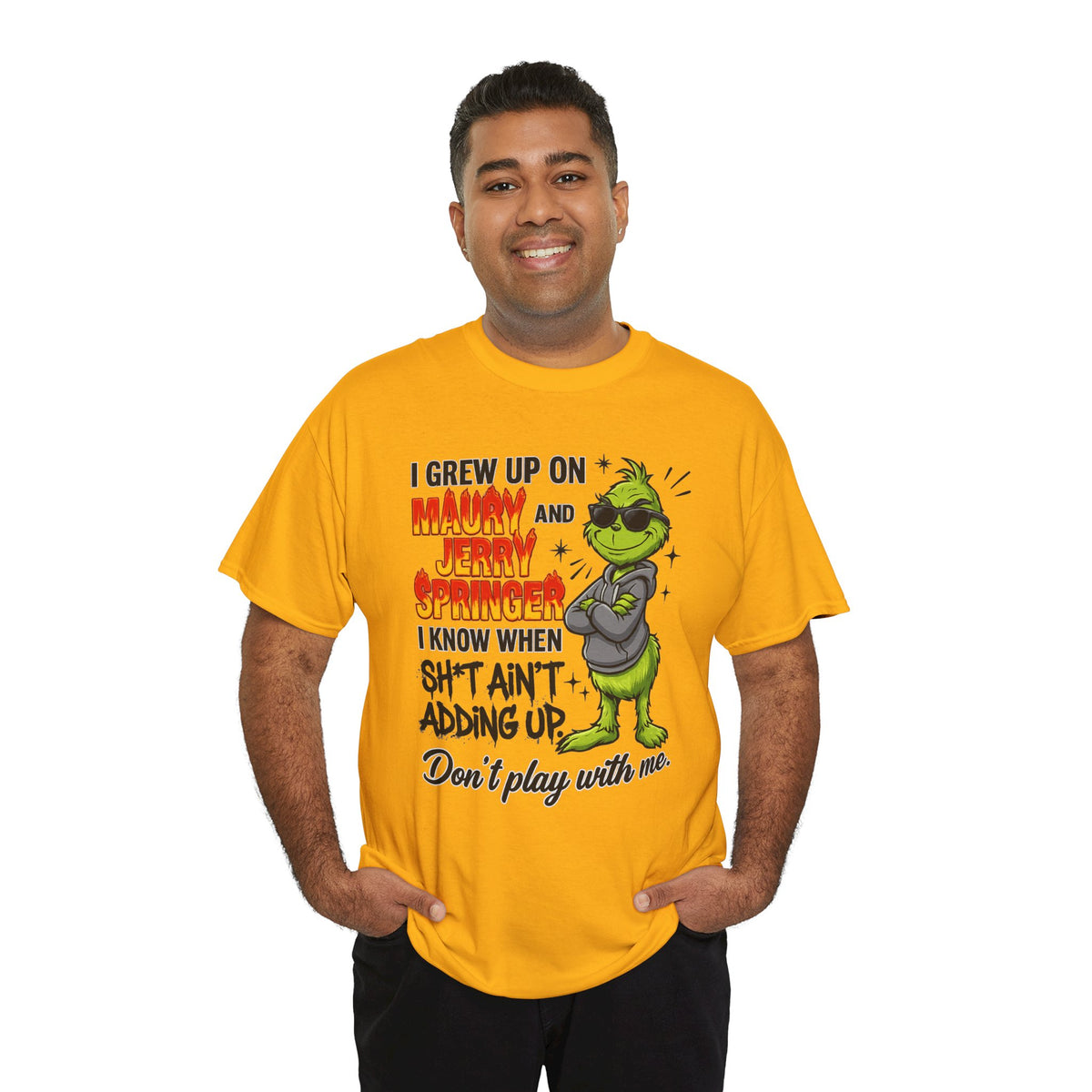 Grinch Cartoon Tee — "I Grew Up on Maury and Jerry Springer" Funny Holiday Shirt