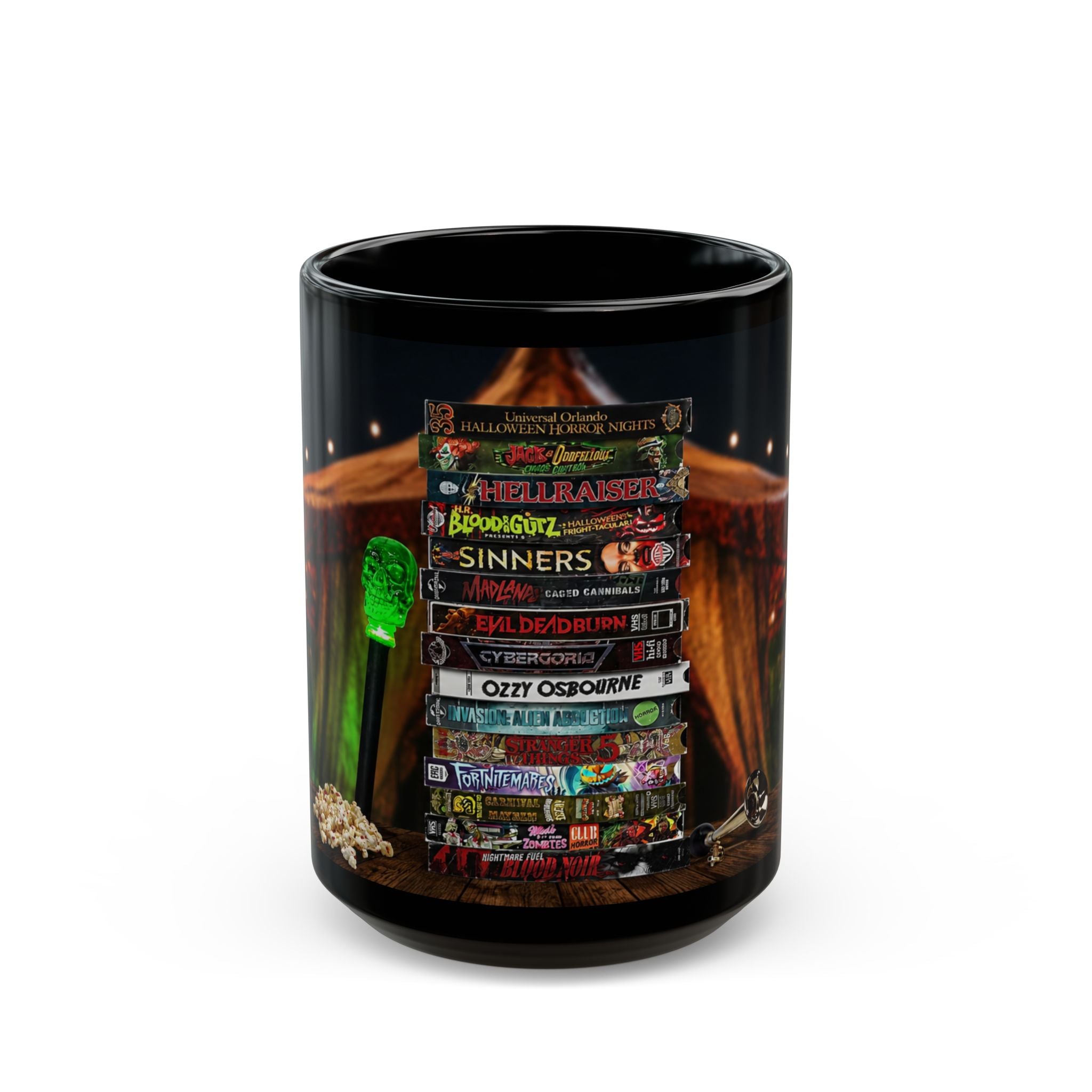 Gothic Horror Bookstack Black Coffee Mug — Vintage Circus, Witchy Reading Vibe (11oz/15oz)