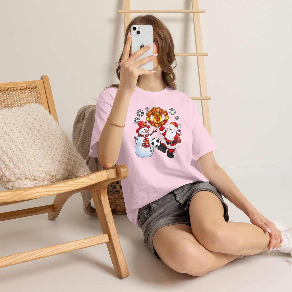 Manchester United Christmas Cotton Tee — Santa & Snowman Football Holiday Shirt