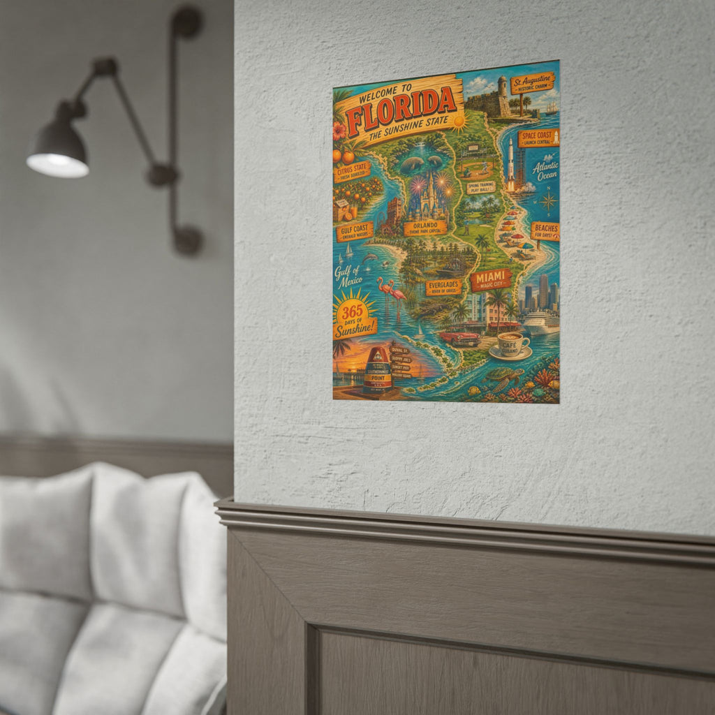 Florida Vintage Travel Poster - Rolled Poster (Welcome to Florida Map & Landmarks)