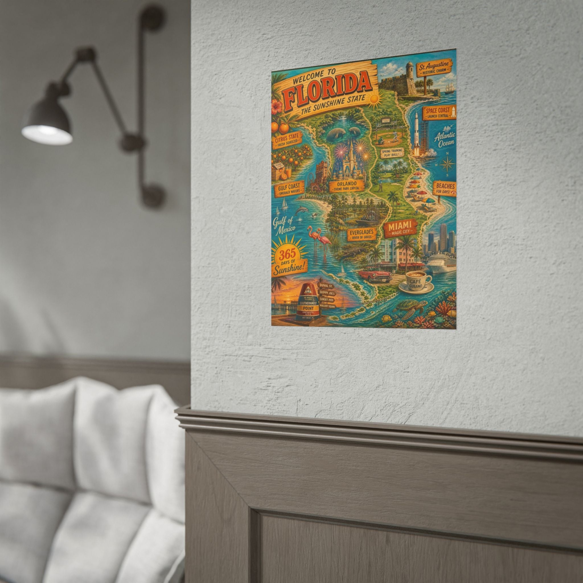 Florida Vintage Travel Poster - Rolled Poster (Welcome to Florida Map & Landmarks)