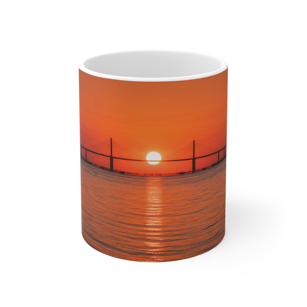 Skyway Sunset Bridge Ceramic Coffee Mug — Orange Seascape 11oz & 15oz
