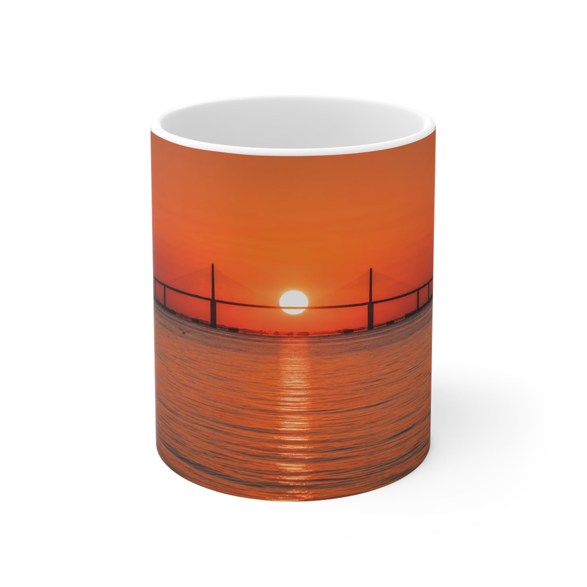 Skyway Sunset Bridge Ceramic Coffee Mug — Orange Seascape 11oz & 15oz