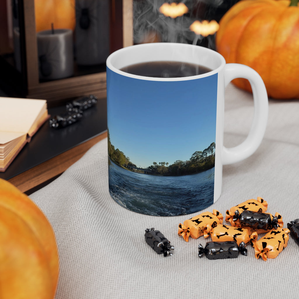 American Flag Waterfront Photo Ceramic Mug — Patriotic 11oz & 15oz Coffee Cup