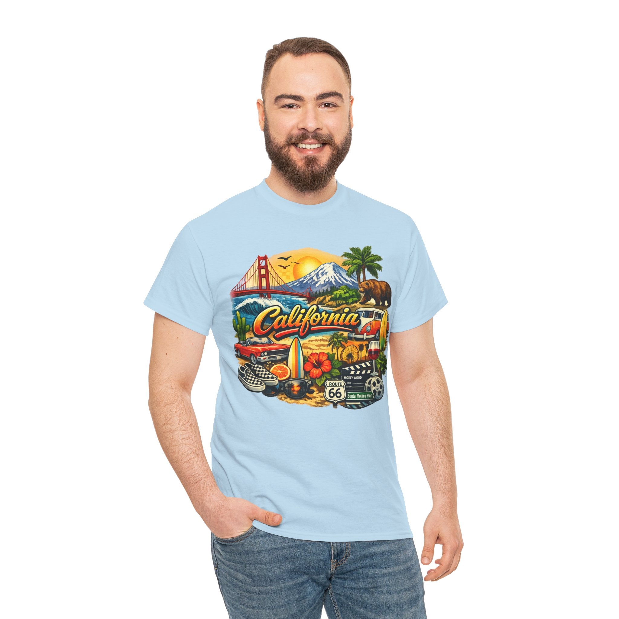 California Vintage Travel T-Shirt — Golden Gate, Palm Trees & Route 66 Tee