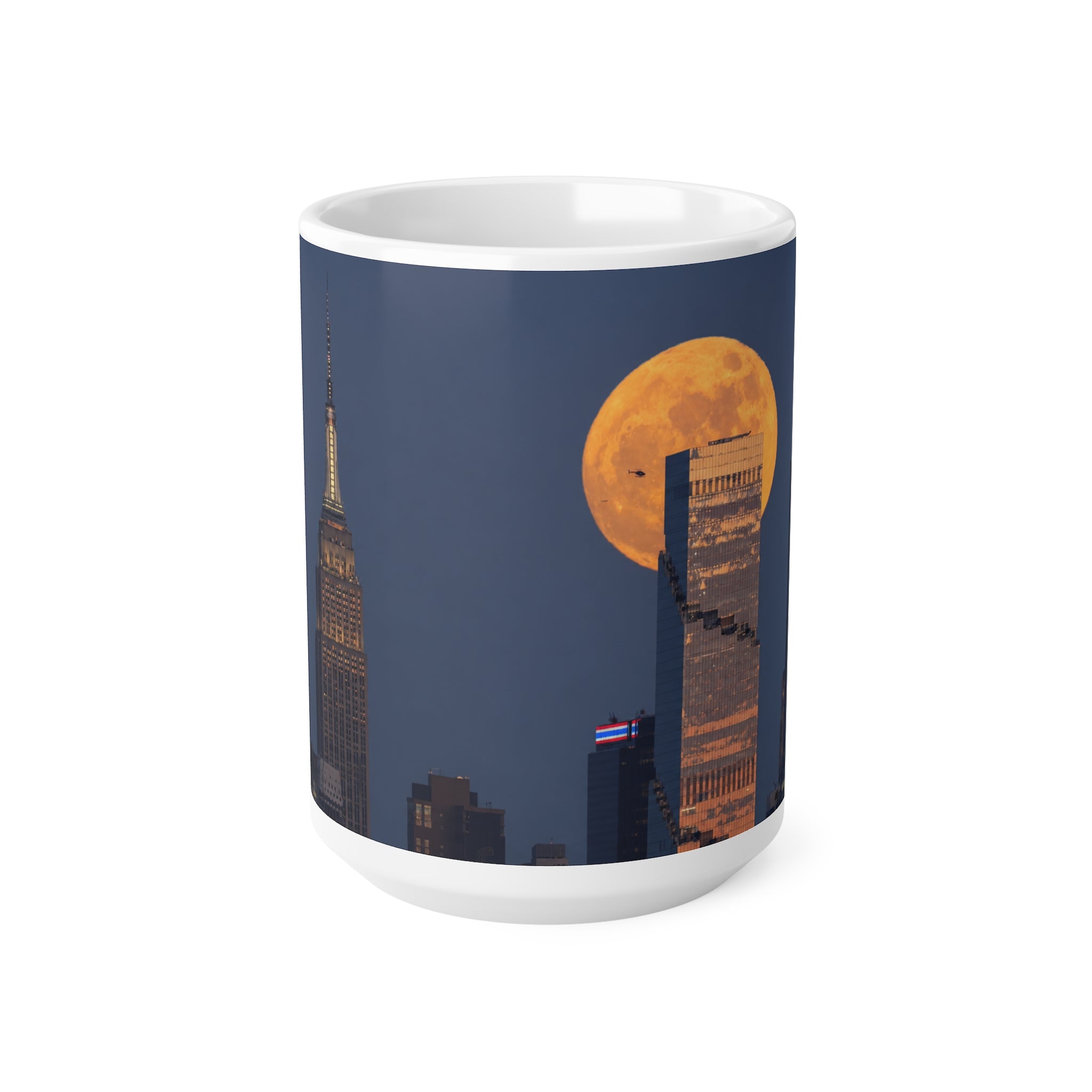 New York City Skyline Mug with Full Moon – NYC Nightscape Ceramic Coffee Cup (11oz, 15oz)