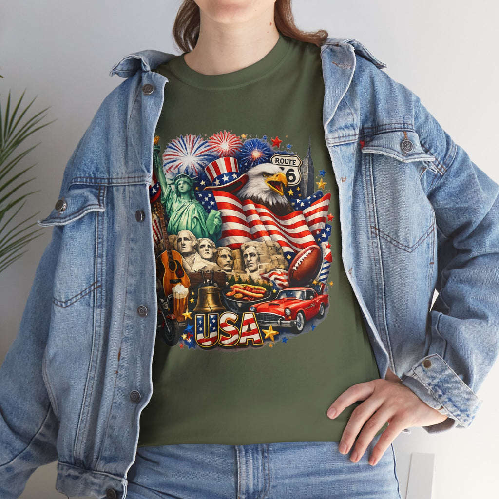 Patriotic USA Graphic Tee – American Flag, Statue of Liberty & Fireworks T-Shirt