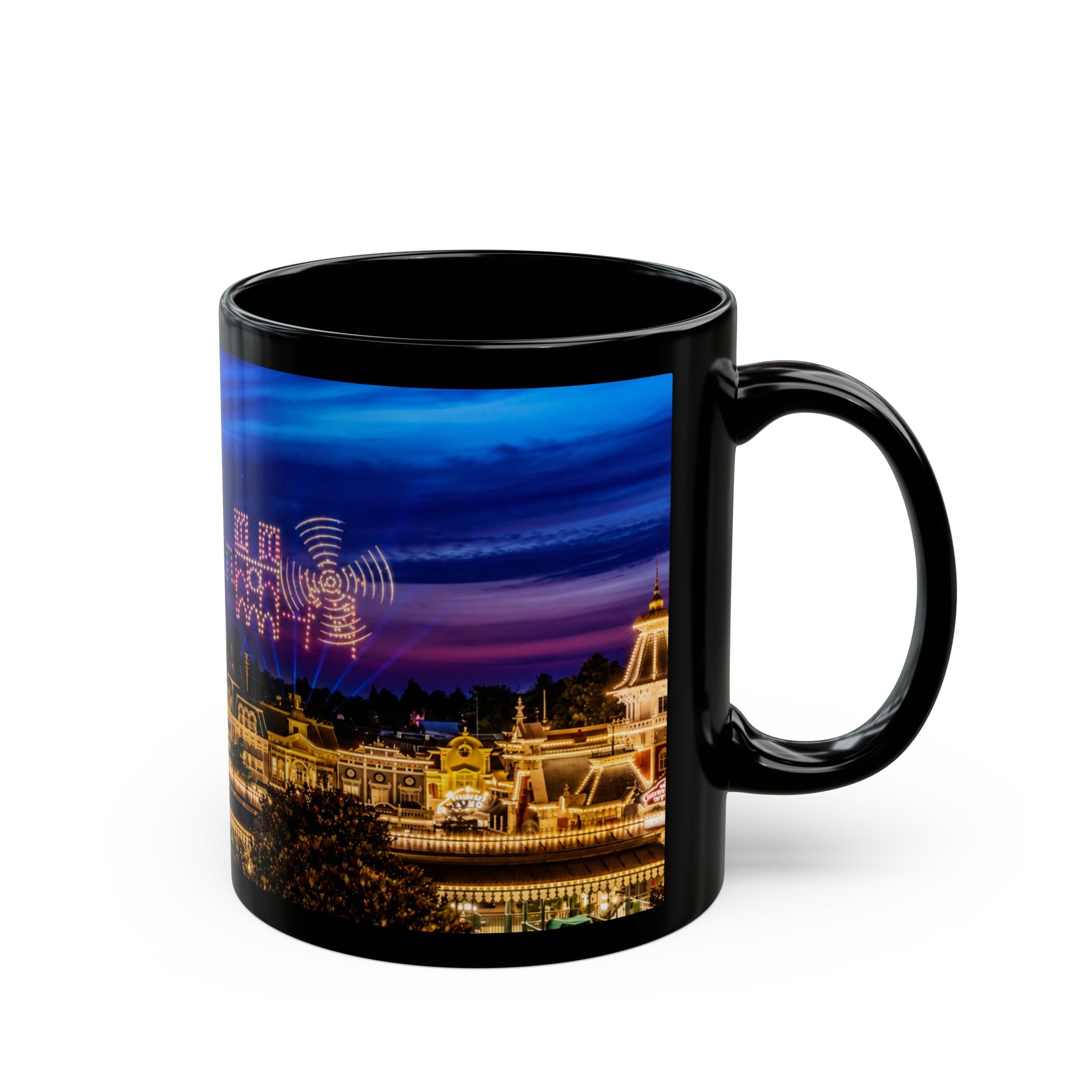 Disneyland Paris Park Nightscape Black Mug — Illuminated Main Street Skyline (11oz/15oz)