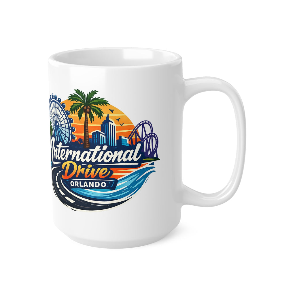 Orlando International Drive Souvenir Mug — 11oz/15oz Ceramic Coffee Cup with Ferris Wheel & Sunset Design
