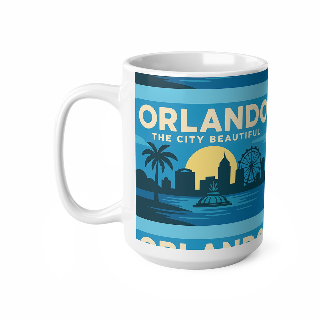 Orlando Retro Blue Skyline Mug — 'Orlando The City Beautiful' Ceramic Coffee Cup (11oz & 15oz)