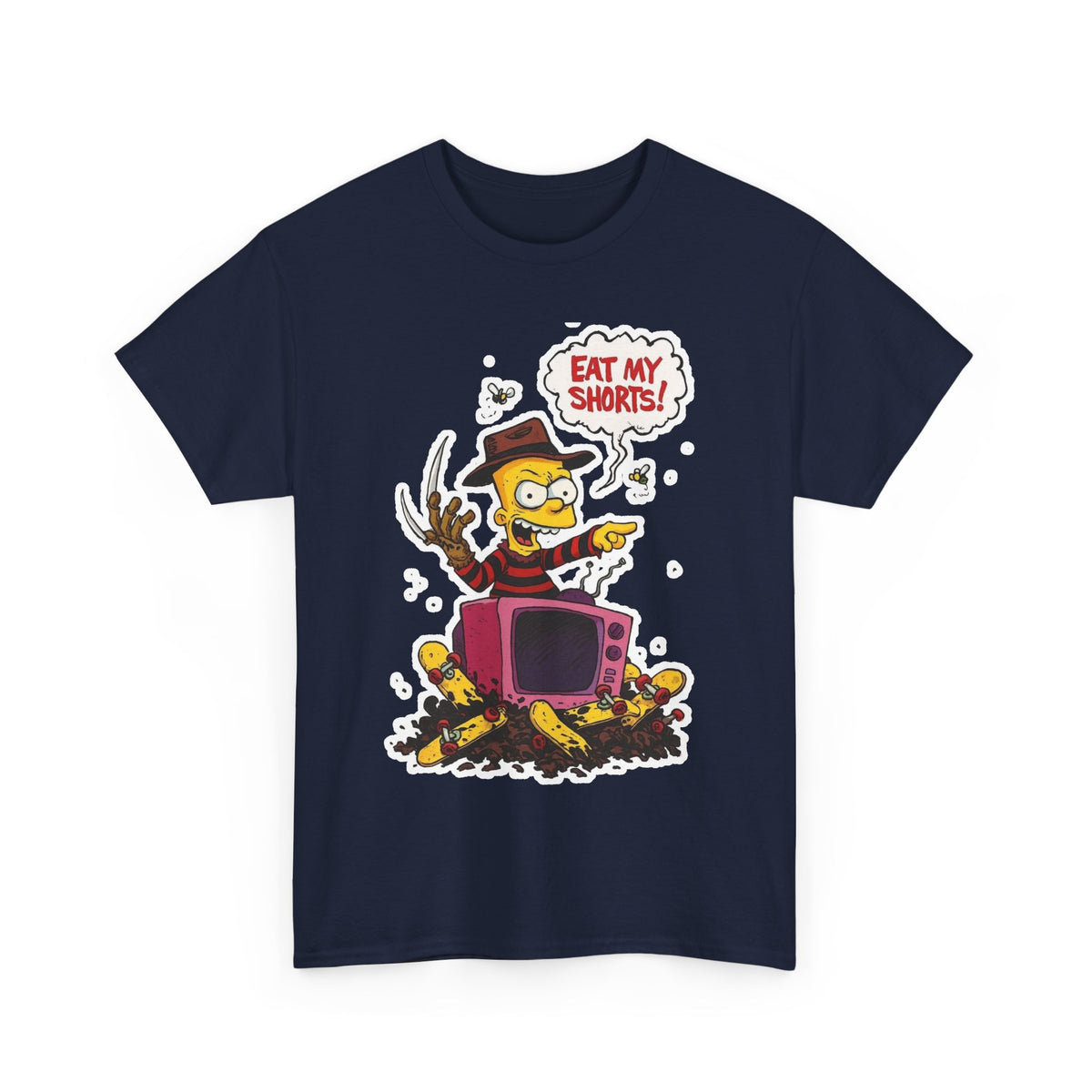 Horror TV Mashup Tee — “Eat My Shorts!” Retro Cartoon Tee