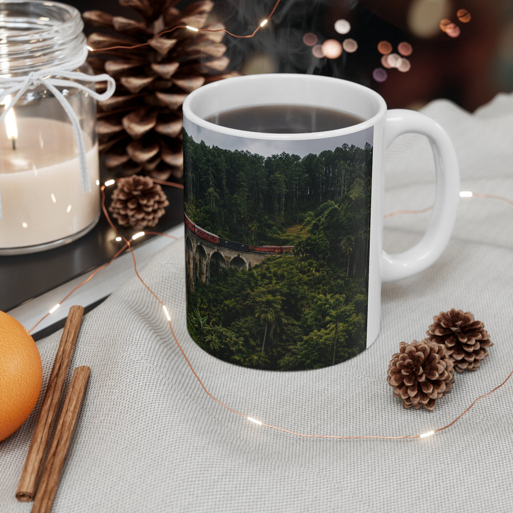 Scenic Viaduct Train Ceramic Mug – Vintage Red Engine on Mountain Bridge (11oz/15oz)