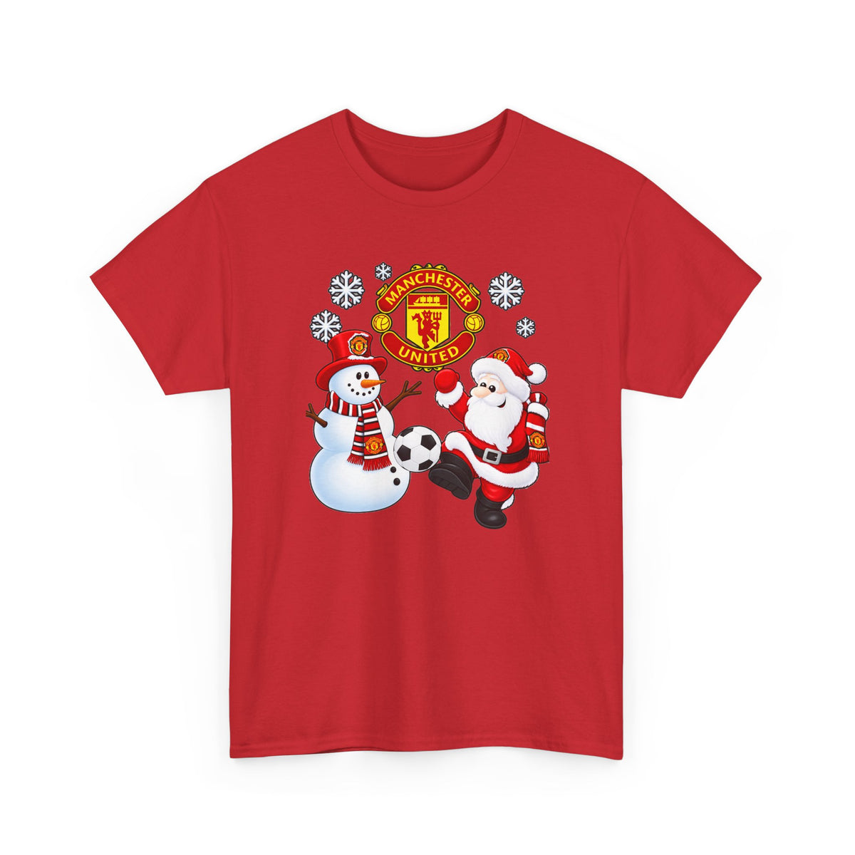 Manchester United Christmas Cotton Tee — Santa & Snowman Football Holiday Shirt