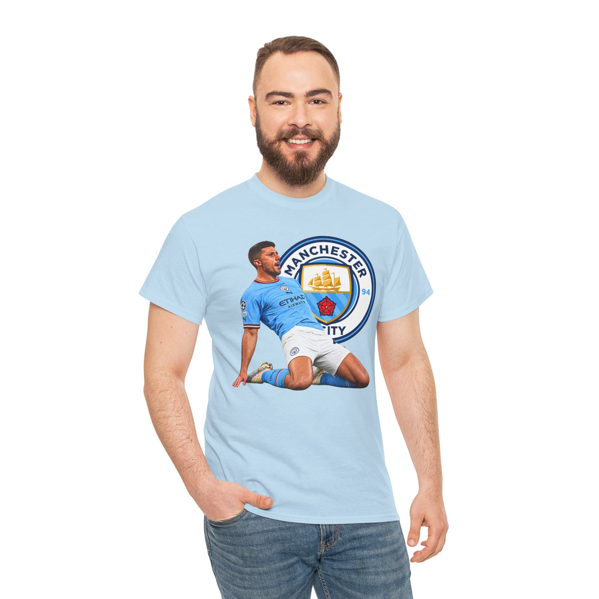 Rodri Manchester City Legend Cotton T-Shirt – Celebratory Slide Graphic Tee