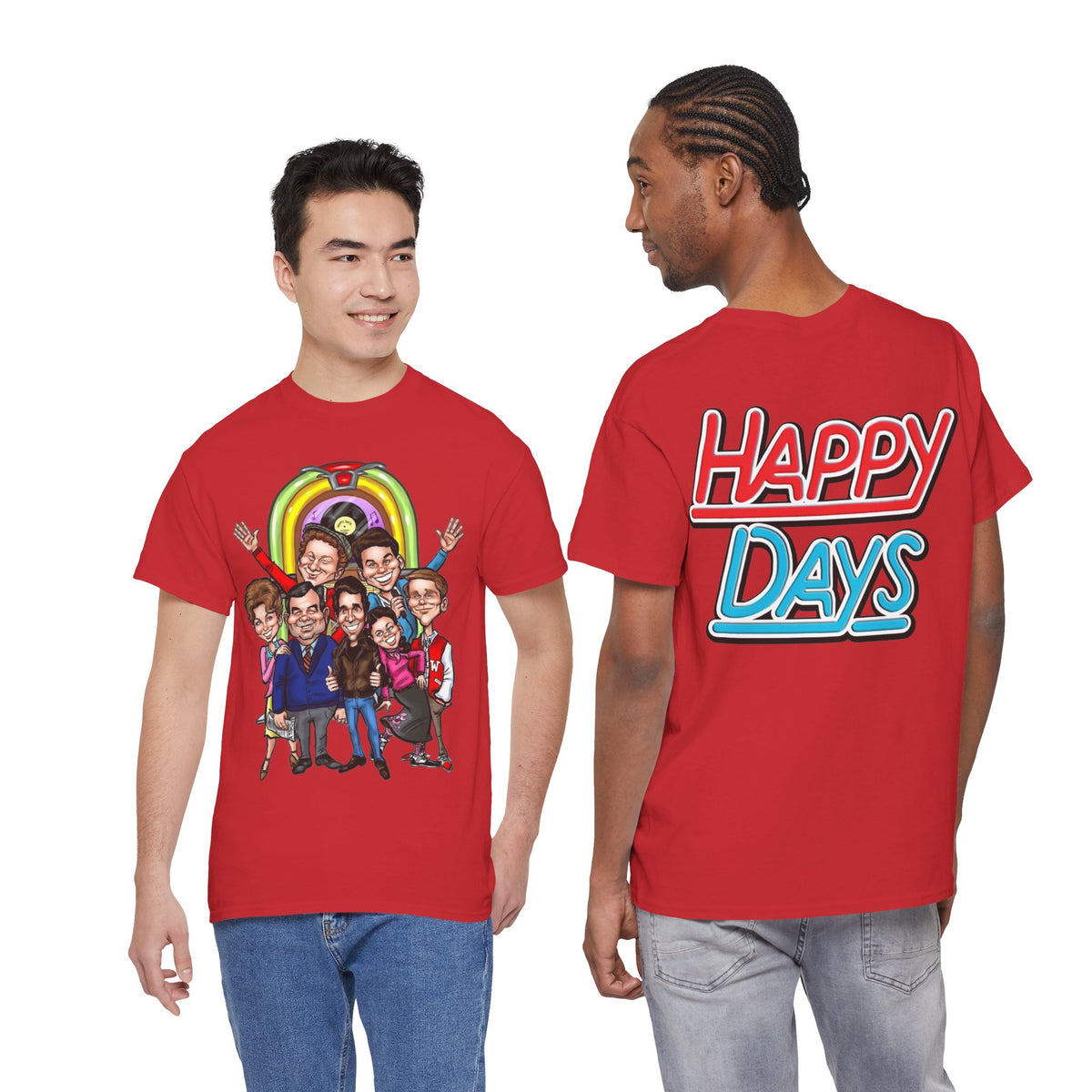 Happy Days Cast Caricature Tee — Retro 70s Sitcom Graphic T-Shirt