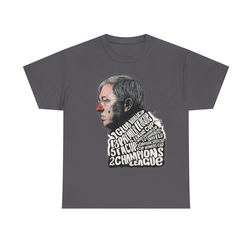SIr Alex Ferguson Achievements Vintage Football Manager Profile Tee — Illustrated Head with Trophy Text Design