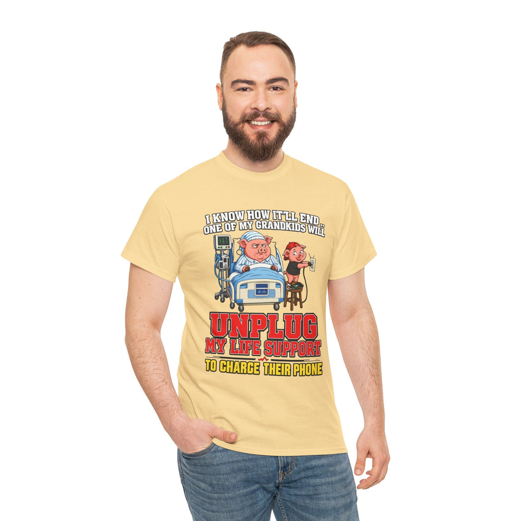 Funny Grandpa T-Shirt - "Unplug My Life Support to Charge Their Phone" Grandpa Humor Tee