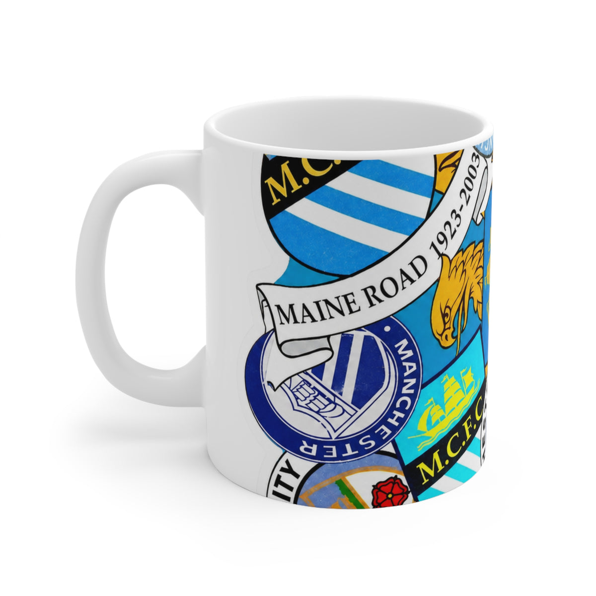 Manchester City Crest Collage Mug — Ceramic Coffee Cup (11oz & 15oz)
