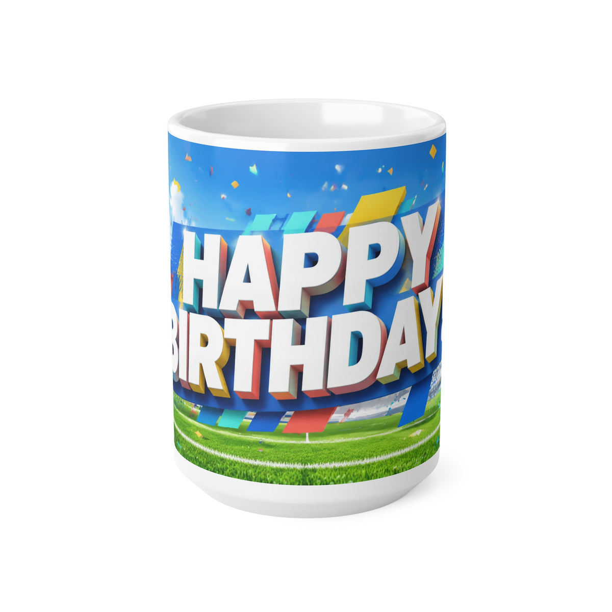 Happy Birthday Football Fan Ceramic Coffee Mug — Festive Balloons & Confetti Design (11oz, 15oz)